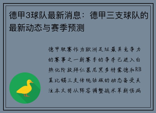 德甲3球队最新消息：德甲三支球队的最新动态与赛季预测